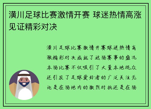 潢川足球比赛激情开赛 球迷热情高涨见证精彩对决