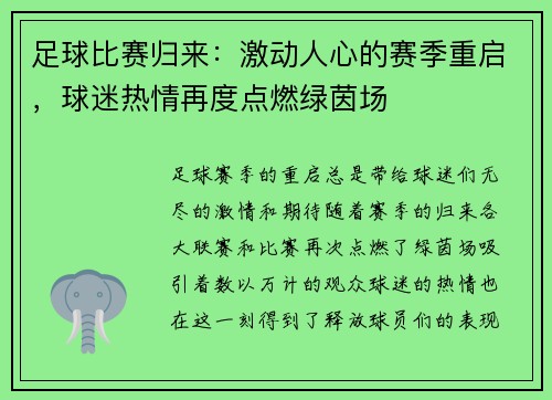 足球比赛归来：激动人心的赛季重启，球迷热情再度点燃绿茵场