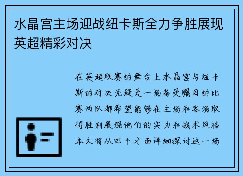 水晶宫主场迎战纽卡斯全力争胜展现英超精彩对决