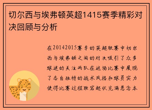 切尔西与埃弗顿英超1415赛季精彩对决回顾与分析